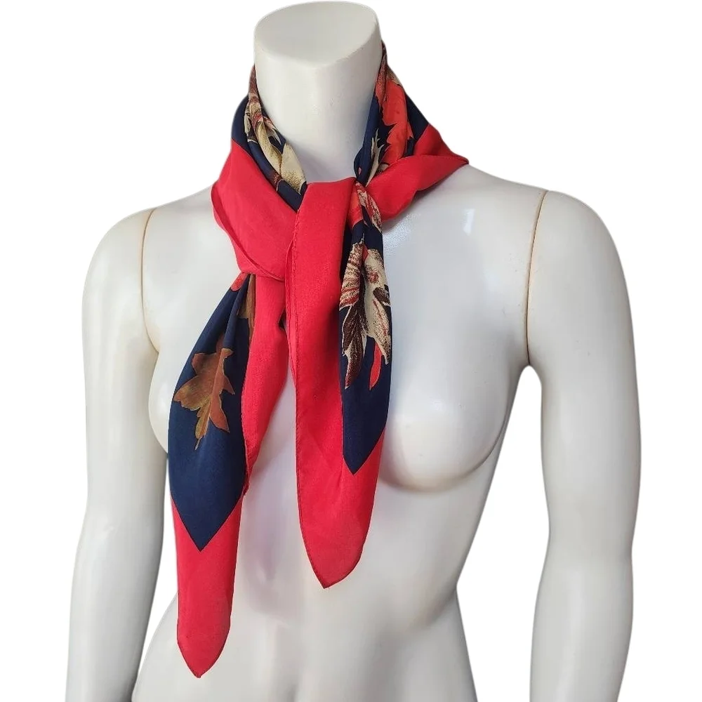 Vintage Uana Red & Blue Fall Leaves Silk Scarf